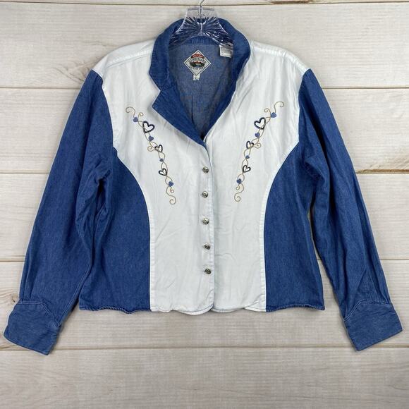 Cumberland Outfitters Womens Top L Button Up Embroidered Denim Western Cowgirl - Picture 1 of 15
